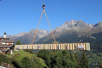 Ein langer Holzträger wird von einem Pneukran vor einer Berglandschaft angehoben.