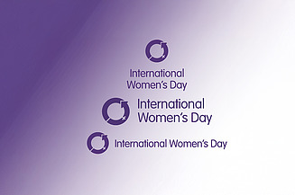 Logo mit Lila Kreisen und Pfeilen als Symbolik für Internationaler Weltfrauentag 