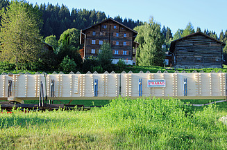 Holzträger auf Lastwagen im Hintergrund typische Bündner Holzhäuser