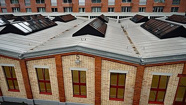 Ansicht von oben auf das Dach der Fabrikhalle mit den Oberlichtern