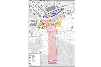 Zonenplan für Schwanden im Erdrutschgebiet Zonenplan von Schwanden in unterschiedlichen Farben rot,blau, gelb