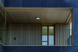 Zimmerarbeiten im Holzbau Ein Balkon mit einer Holzdecke und Wänden aus Holz. Die Fassade besteht aus senkrechten Holzlatten.
