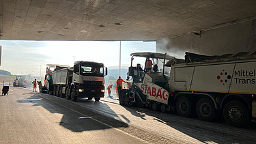 Perspektive von unter der Brücke mit schwerem Gerät auf der Baustelle