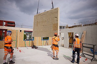 Foto von Holzbauarbeiten mit Kran und Bauarbeiter:innen