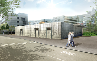 Visualisierung Pumpwerk Scheller in Horgen. Die Fassade des Pumpwerks besteht aus verzinkten Lochblechen mit gerasterter Bildapplikation des Sihlwald