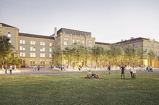 Eine Visualisierung wie die Kaserne nach dem Umbau aussehen soll. Ein grosses Gebäude mit Bäumen und viel Grün im Vordergrund