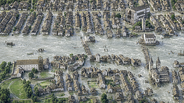 KI-generiertes Bild von Zürich, Bereich um die heutige Rathausbrücke