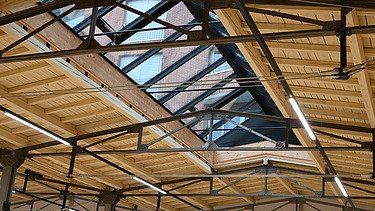 Verglase Dachöffnung / Oblichter von innen sowie auch ersichtlich die Holztragekonstruktion