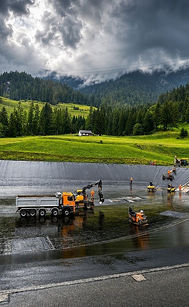 Gesamtperspektive aus grösserer Distanz, mit Baumaschinen im Bildmittelpunkt