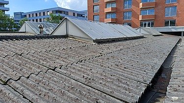 Ansicht von oben auf das alte Welleneternitplatten-Dach