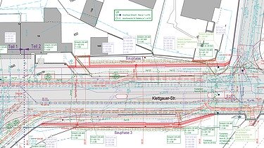 Situationsplan - STRABAG AG Tiefbau und Strassenbau Eine detaillierter Situationsplan mit farbigen Linien, Texten und eingezeichneten Gebäuden.