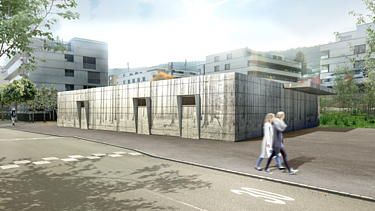 Visualisierung Pumpwerk Scheller in Horgen. Die Fassade des Pumpwerks besteht aus verzinkten Lochblechen mit gerasterter Bildapplikation des Sihlwald