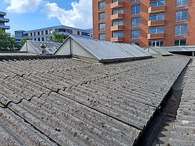 Ansicht von oben auf das alte Welleneternitplatten-Dach