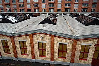 Ansicht von oben auf das Dach der Fabrikhalle mit den Oberlichtern