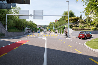 Visualisierung der Klettgauerstrasse mit neuen Bushaltestellen, Fussgänger:innen, Velofahrenden und einem Auto.
