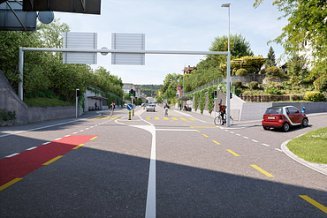 Blick auf die Klettgauerstrasse mit den beiden neuen Bushaltestellen Zelgstrasse Ost und Zelgstrasse West. 