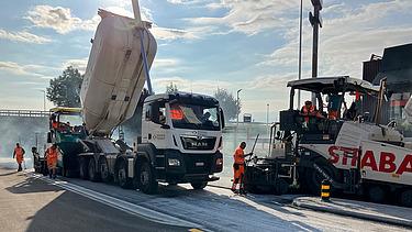 Foto von der Baustelle mit vielen Fahrzeugen von STRABAG