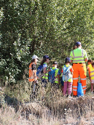 Kinder stehen mit Begleitpersonen an einem Busch und bekommen Tiere und Pflanzen erklärt